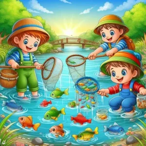 An image of children fishing in a river with nets and jars to illustrate post.