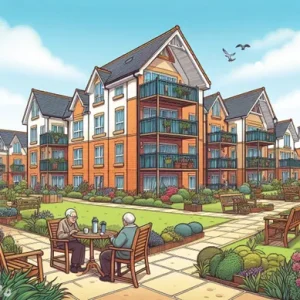 Image of possible housing for older people, with two men sat at a table in the foreground, within communal gardens