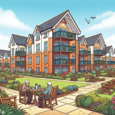 Image of possible housing for older people, with two men sat at a table in the foreground, within communal gardens