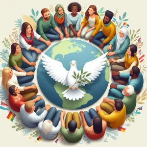 Image of a diverse group of people sitting in a circle, with an image of planet Earth in the centre, with a dove holding an olive branch in the foreground, to illustrate the post