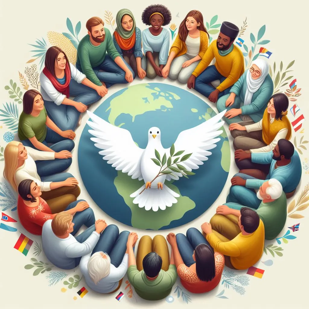 Image of a diverse group of people sitting in a circle, with an image of planet Earth in the centre, with a dove holding an olive branch in the foreground, to illustrate the post