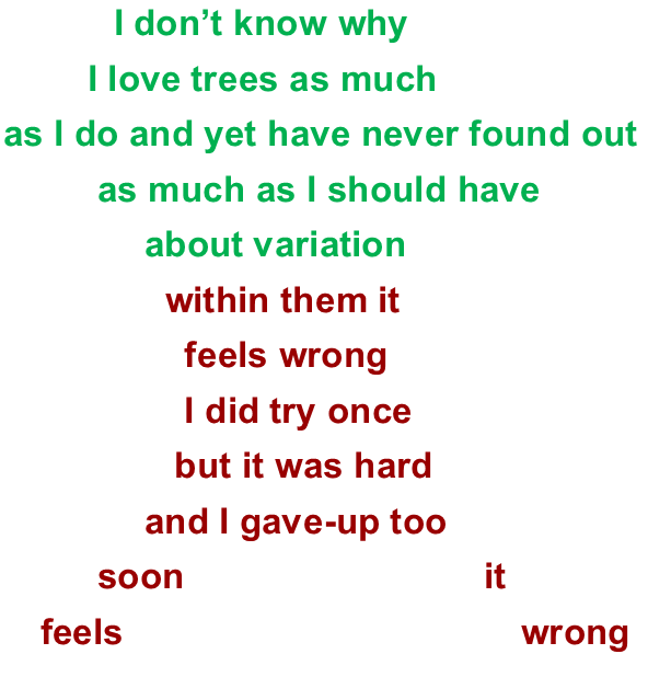 Image of a tree containing these words as the entirety of the post…I don't know why I love trees as much as I do and yet have never found out as much as I should have about variation within them it feels wrong I did try once but it was hard and I gave-up too soon it feels wrong