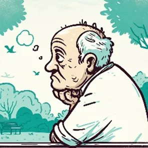 Cartoon image of an old man sitting and daydreaming to illustrate post