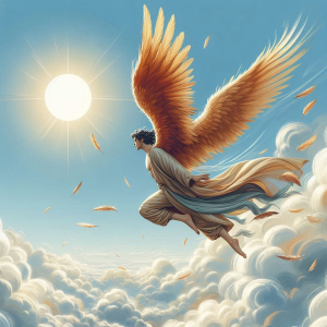 An AI image of a human with wings gliding on the updraft